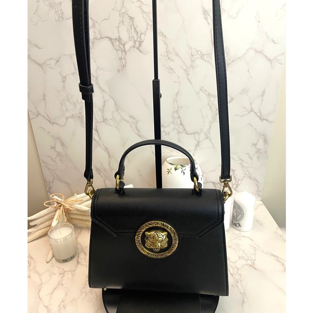 Just Cavalli Black Faux Leather Logo-Buckle Top-Handle / Crossbody EUC - Picture 6 of 9